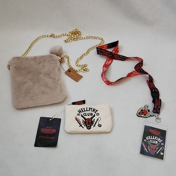 Primark Handbags - Stranger Things "Hellfire Club" Card Holder & Laynard Set with Brown Furry Bag